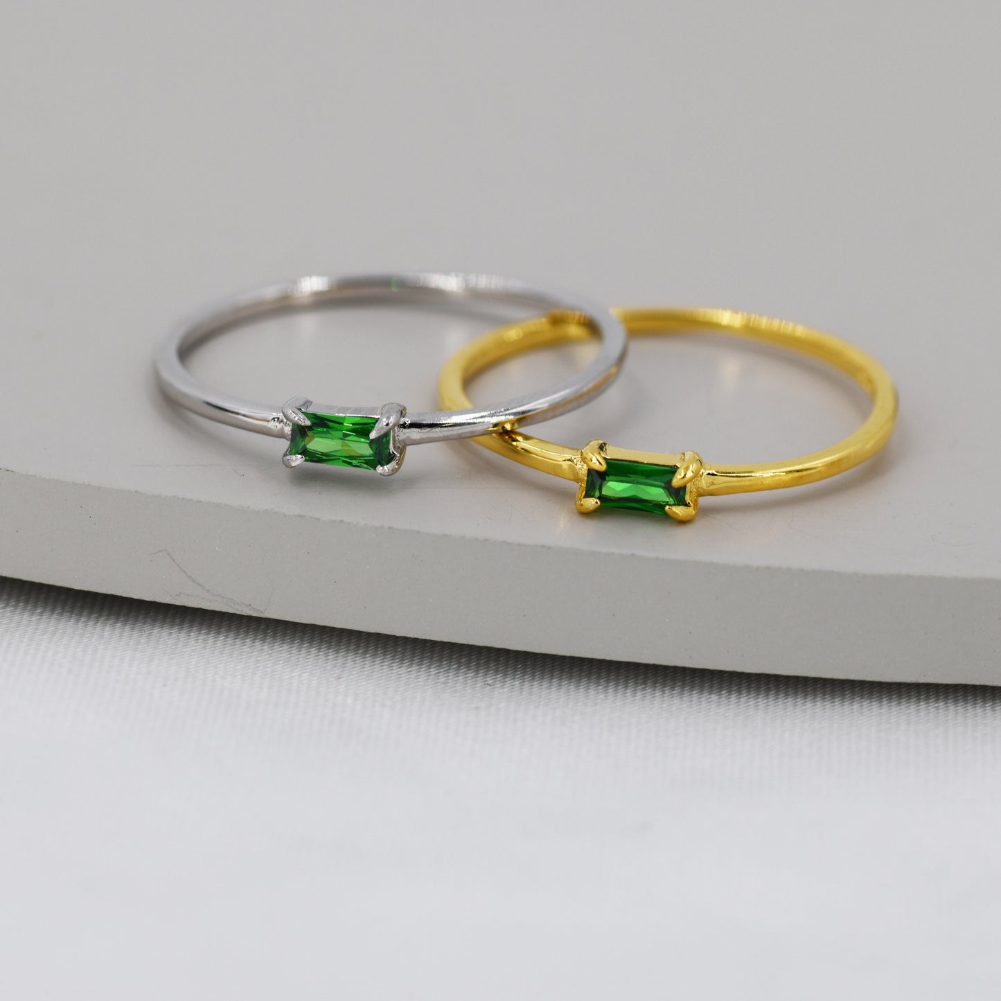 Emerald Baguette CZ Ring in Sterling Silver, Silver or Gold, Pronged Set, Minimalist Single Baguette CZ Ring US 5 - 8