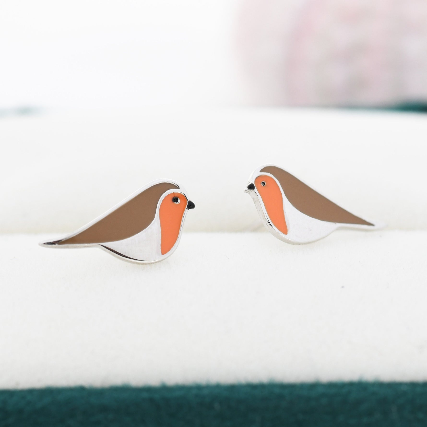 Robin Bird Stud Earrings in Sterling Silver, Sterling Silver Robin Earrings, Hand Painted Enamel Earrings, Nature Inspired Animal Earrings