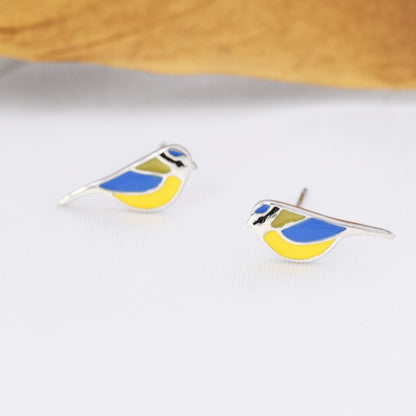 Blue Tit Bird Stud Earrings in Sterling Silver, Sterling Silver Blue Tit Earrings, Hand Painted Enamel Earrings, Animal Earrings