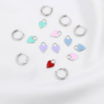 Dangling Enamel Heart Earrings in Sterling Silver, Detachable Heart Charm Dangle Hoop Earrings, Interchangeable