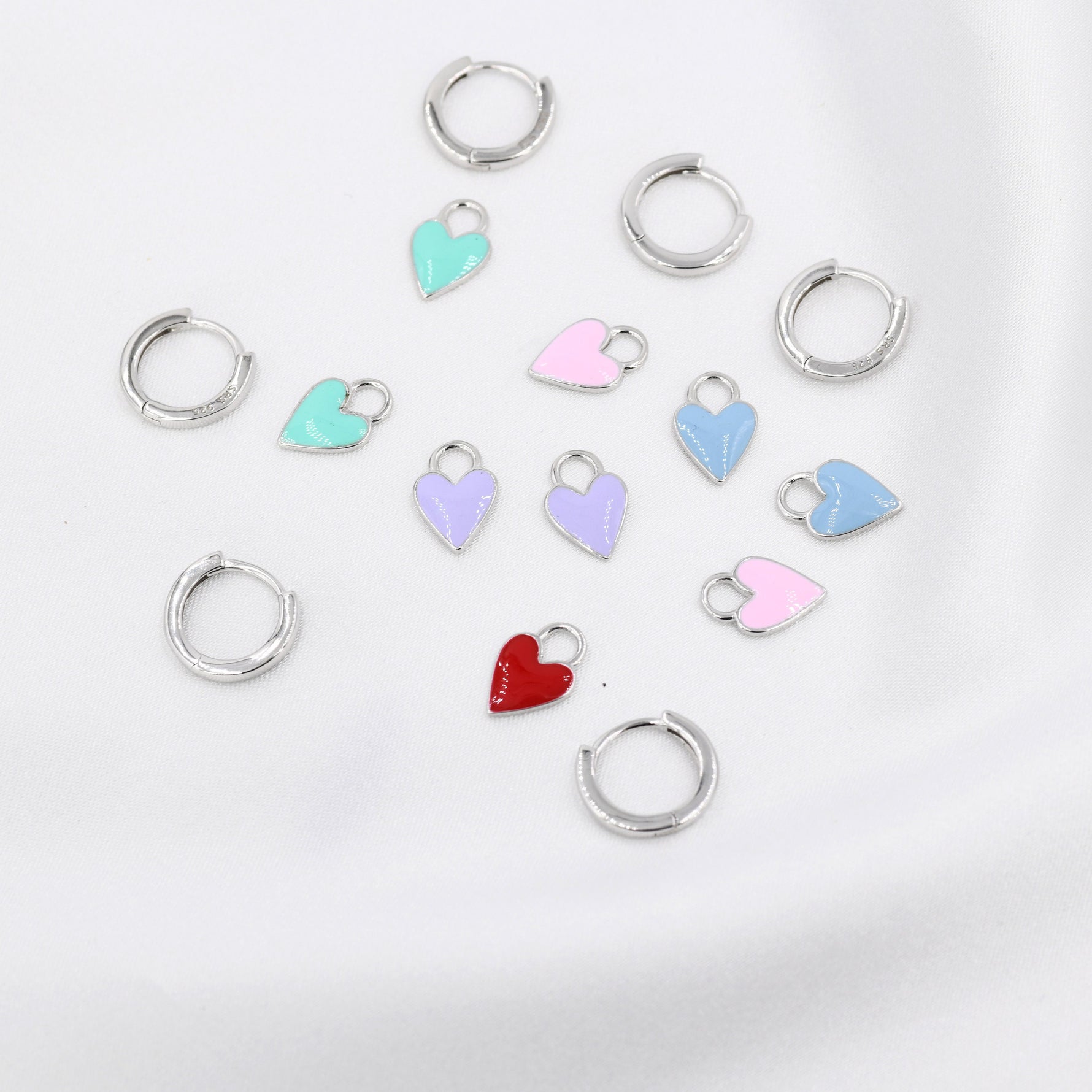 Dangling Enamel Heart Earrings in Sterling Silver, Detachable Heart Charm Dangle Hoop Earrings, Interchangeable