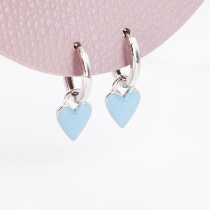 Sky Blue Enamel Heart Earrings in Sterling Silver, Detachable Heart Charm Dangle Hoop Earrings, Interchangeable