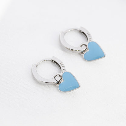 Sky Blue Enamel Heart Earrings in Sterling Silver, Detachable Heart Charm Dangle Hoop Earrings, Interchangeable