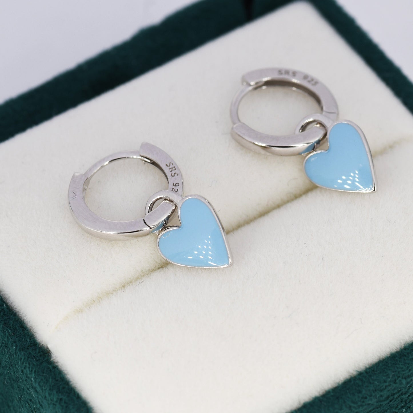 Sky Blue Enamel Heart Earrings in Sterling Silver, Detachable Heart Charm Dangle Hoop Earrings, Interchangeable