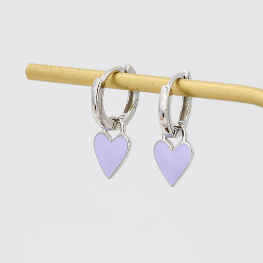 Lilac Purple Enamel Heart Earrings in Sterling Silver, Detachable Heart Charm Dangle Hoop Earrings, Interchangeable