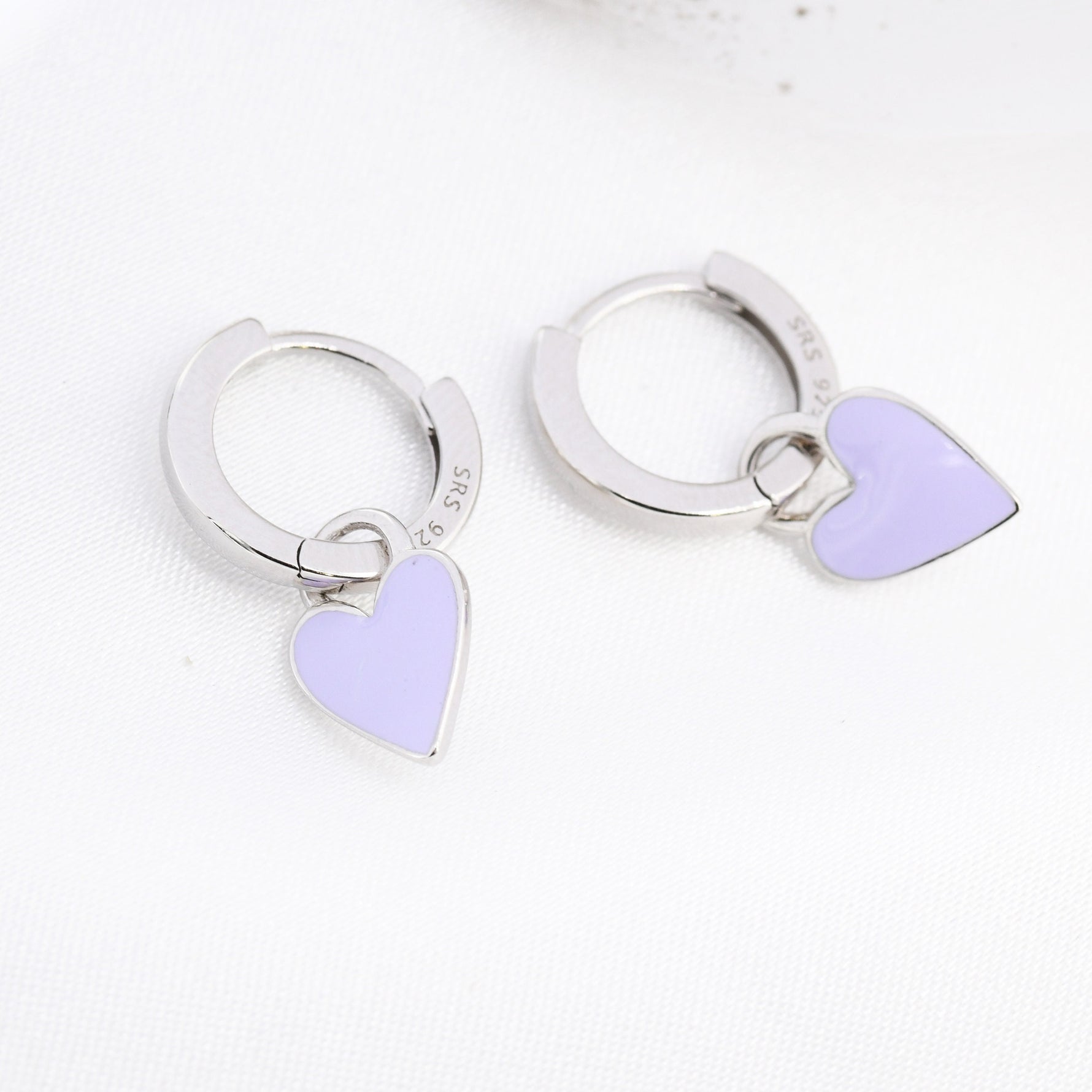 Lilac Purple Enamel Heart Earrings in Sterling Silver, Detachable Heart Charm Dangle Hoop Earrings, Interchangeable