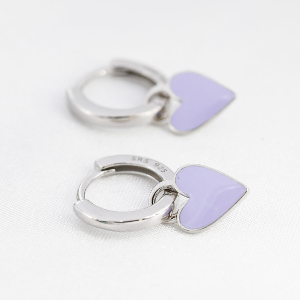 Lilac Purple Enamel Heart Earrings in Sterling Silver, Detachable Heart Charm Dangle Hoop Earrings, Interchangeable