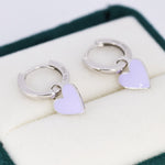 Lilac Purple Enamel Heart Earrings in Sterling Silver, Detachable Heart Charm Dangle Hoop Earrings, Interchangeable
