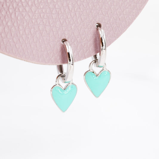 Teal Blue Enamel Heart Earrings in Sterling Silver, Detachable Heart Charm Dangle Hoop Earrings, Interchangeable