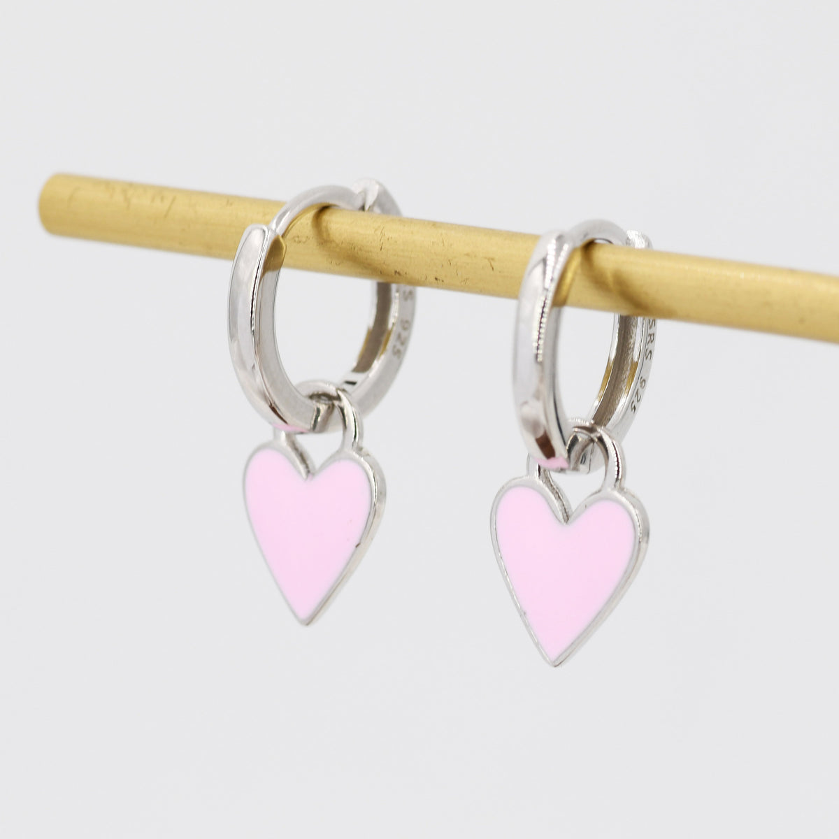Pink Enamel Heart Earrings in Sterling Silver, Detachable Heart Charm Dangle Hoop Earrings, Interchangeable