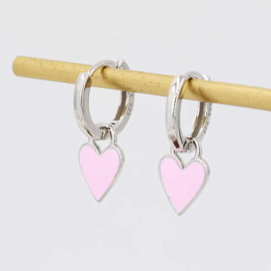 Pink Enamel Heart Earrings in Sterling Silver, Detachable Heart Charm Dangle Hoop Earrings, Interchangeable