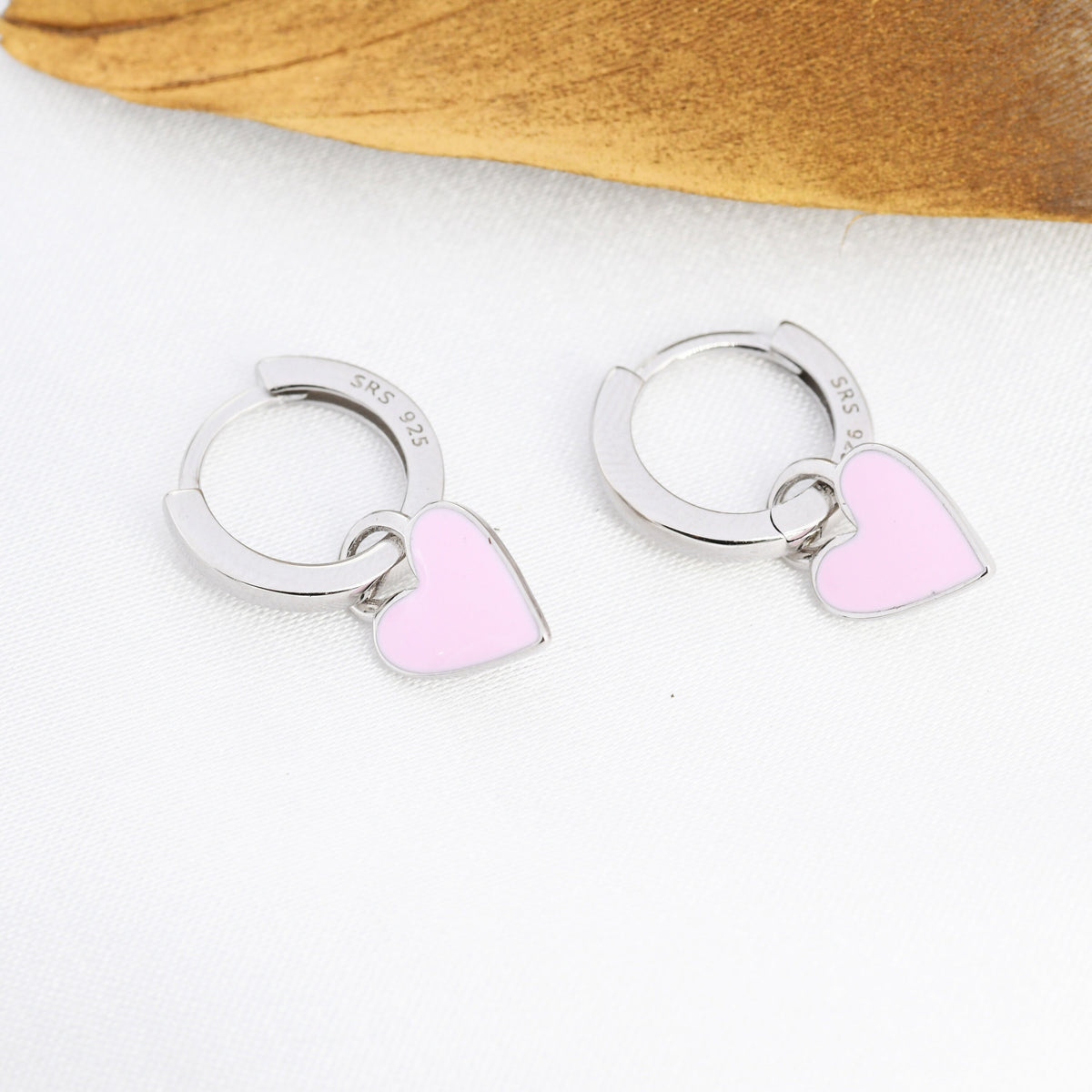 Pink Enamel Heart Earrings in Sterling Silver, Detachable Heart Charm Dangle Hoop Earrings, Interchangeable