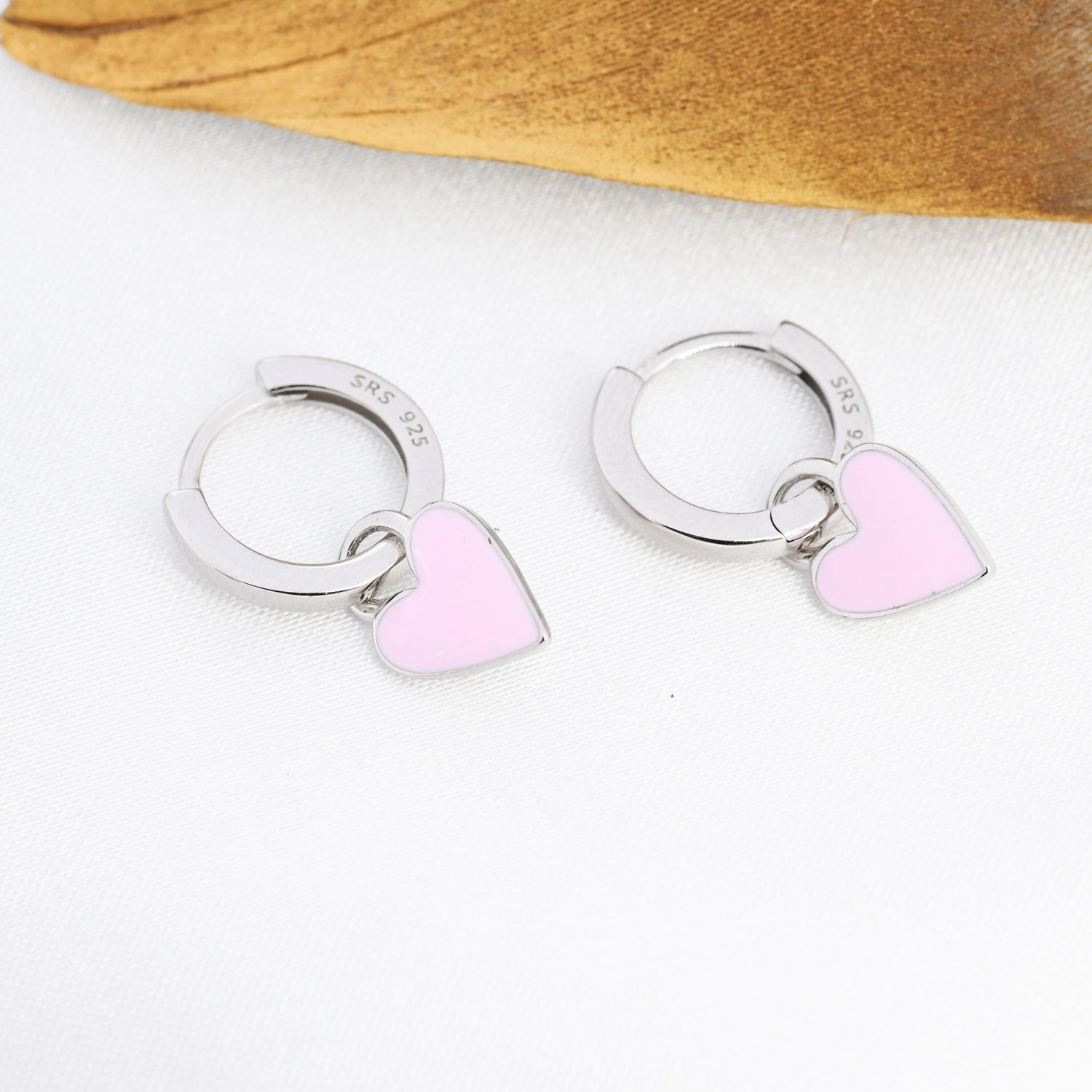 Pink Enamel Heart Earrings in Sterling Silver, Detachable Heart Charm Dangle Hoop Earrings, Interchangeable