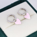 Pink Enamel Heart Earrings in Sterling Silver, Detachable Heart Charm Dangle Hoop Earrings, Interchangeable