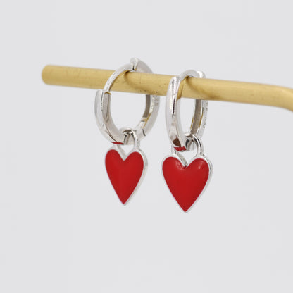 Red Enamel Heart Earrings in Sterling Silver, Detachable Heart Charm Dangle Hoop Earrings, Interchangeable