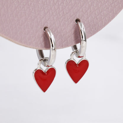 Red Enamel Heart Earrings in Sterling Silver, Detachable Heart Charm Dangle Hoop Earrings, Interchangeable