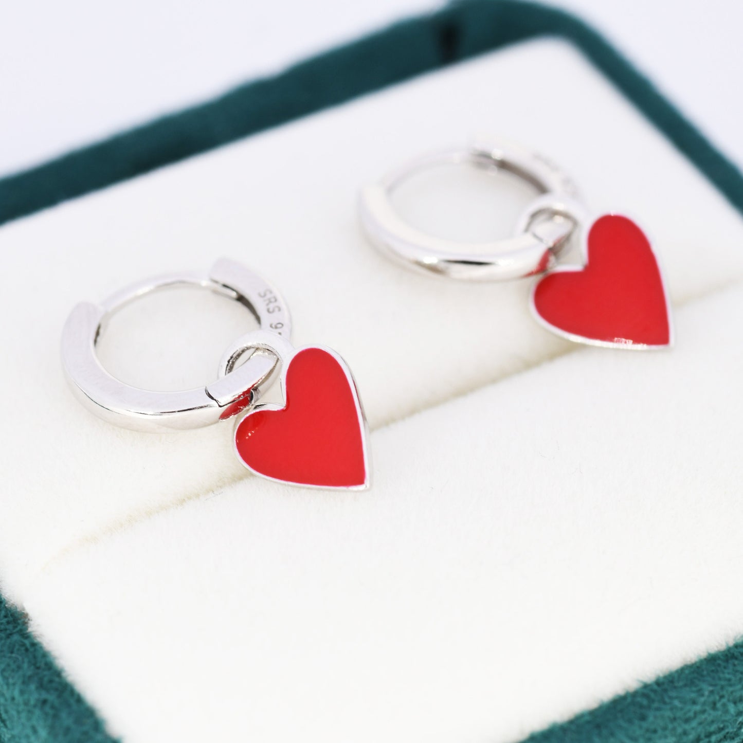 Red Enamel Heart Earrings in Sterling Silver, Detachable Heart Charm Dangle Hoop Earrings, Interchangeable