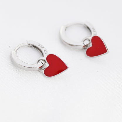 Red Enamel Heart Earrings in Sterling Silver, Detachable Heart Charm Dangle Hoop Earrings, Interchangeable