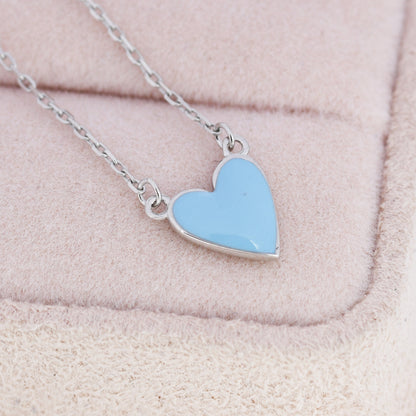 Sky Blue Enamel Heart Pendant Necklace in Sterling Silver, Blue Heart Necklace, Dainty and Tiny