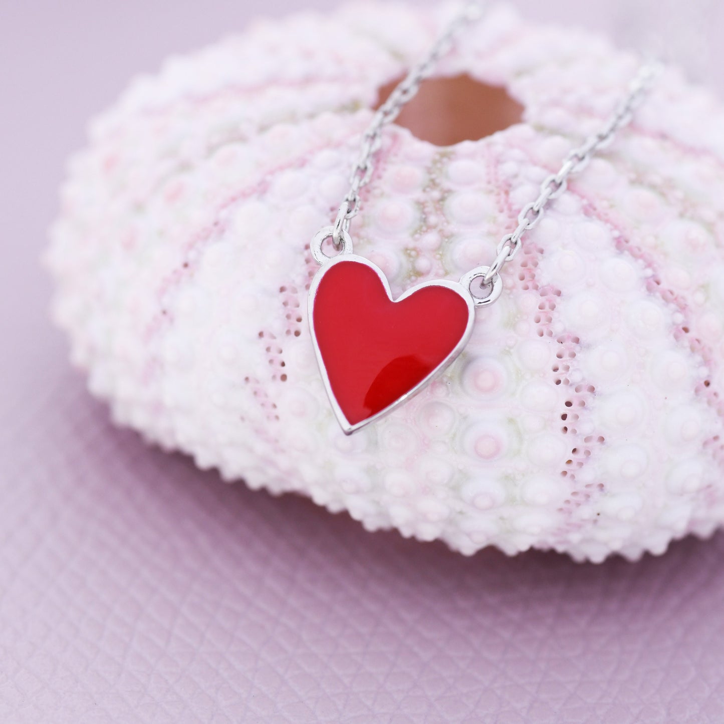 Red Enamel Heart Pendant Necklace in Sterling Silver, Red Heart Necklace, Dainty and Tiny