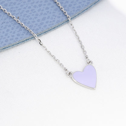 Lilac Purple Heart Pendant Necklace in Sterling Silver, Enamel Heart Necklace, Dainty and Tiny