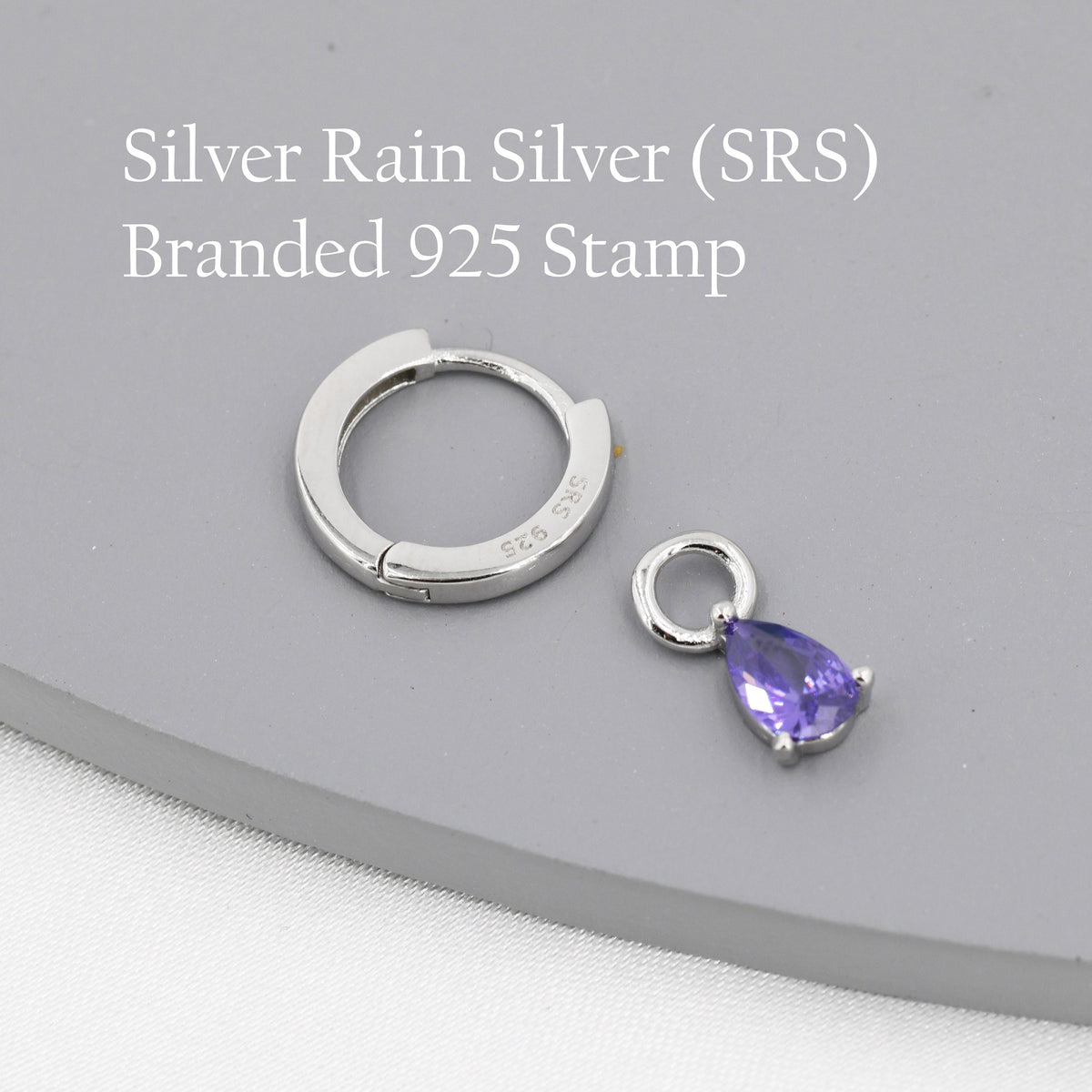 Sterling Silver Amethyst Purple CZ Droplet Hoop Earrings, Silver, Gold or Rose Gold, Pear Cut Drop Earrings, Interchangeable Charms