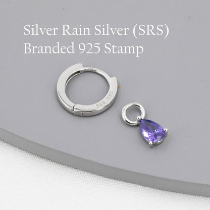 Sterling Silver Amethyst Purple CZ Droplet Hoop Earrings,  Silver, Gold or Rose Gold,  Pear Cut Drop Earrings,  Interchangeable Charms