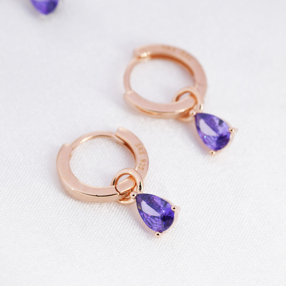 Sterling Silver Amethyst Purple CZ Droplet Hoop Earrings, Silver, Gold or Rose Gold, Pear Cut Drop Earrings, Interchangeable Charms