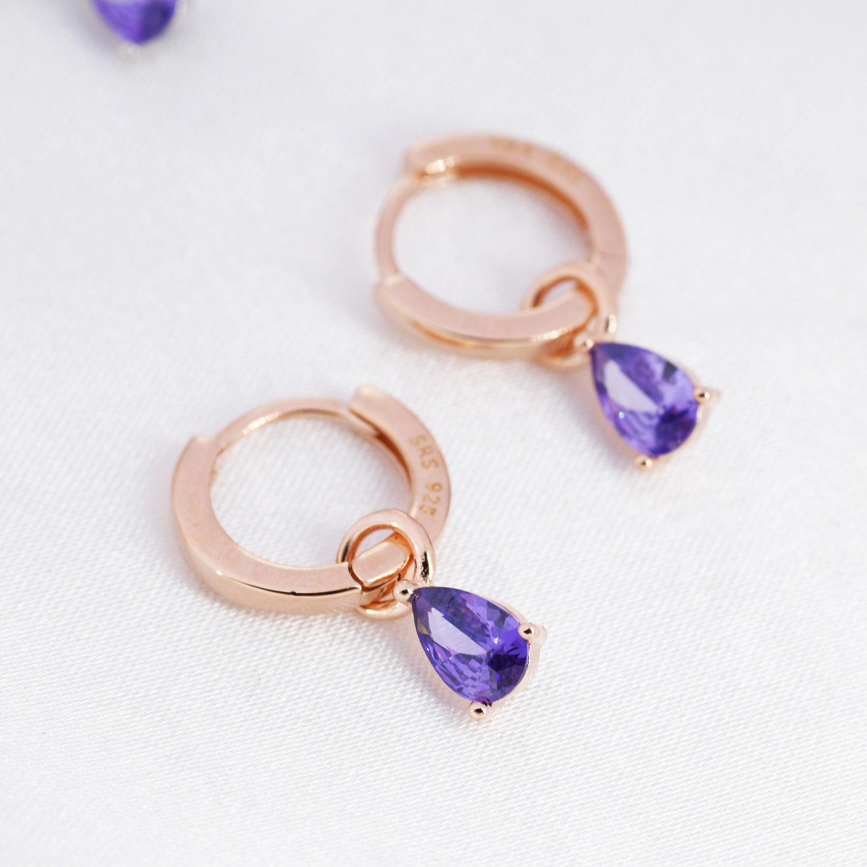 Sterling Silver Amethyst Purple CZ Droplet Hoop Earrings, Silver, Gold or Rose Gold, Pear Cut Drop Earrings, Interchangeable Charms