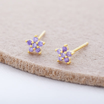 Tiny Lilac Purple CZ Flower Stud Earrings in Sterling Silver, Silver or Gold, Amethyst Crystal Flower Earrings, Stacking Earrings