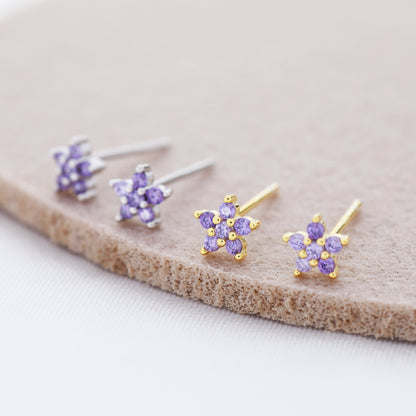 Tiny Lilac Purple CZ Flower Stud Earrings in Sterling Silver, Silver or Gold, Amethyst Crystal Flower Earrings, Stacking Earrings