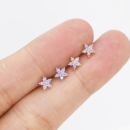 Tiny Lilac Purple CZ Flower Stud Earrings in Sterling Silver, Silver or Gold, Amethyst Crystal Flower Earrings, Stacking Earrings