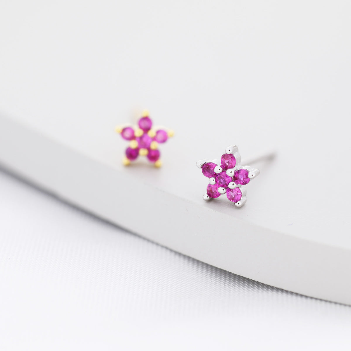 Tiny Ruby Pink CZ Flower Stud Earrings in Sterling Silver, Silver or Gold, Pink Crystal Flower Earrings, Stacking Earrings