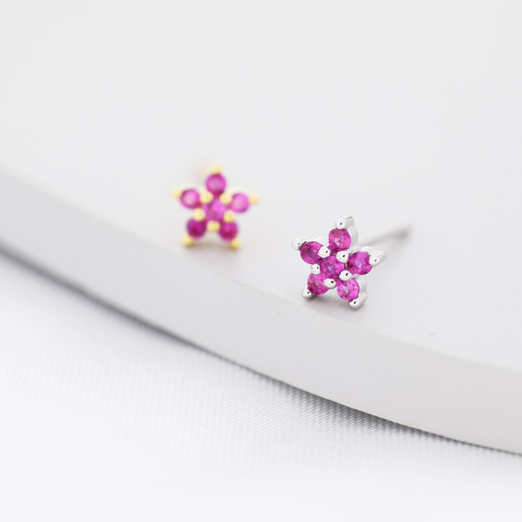 Tiny Ruby Pink CZ Flower Stud Earrings in Sterling Silver, Silver or Gold, Pink Crystal Flower Earrings, Stacking Earrings
