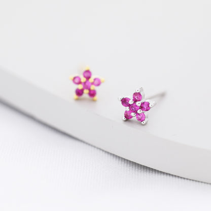 Tiny Ruby Pink CZ Flower Stud Earrings in Sterling Silver, Silver or Gold,  Pink Crystal Flower Earrings, Stacking Earrings