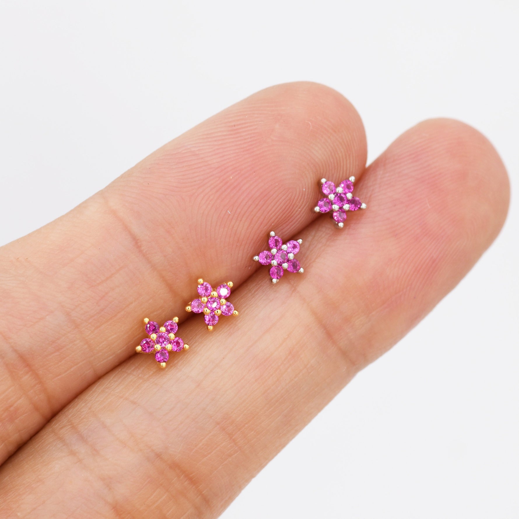 Tiny Ruby Pink CZ Flower Stud Earrings in Sterling Silver, Silver or Gold, Pink Crystal Flower Earrings, Stacking Earrings