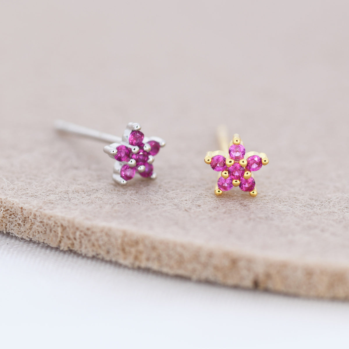 Tiny Ruby Pink CZ Flower Stud Earrings in Sterling Silver, Silver or Gold, Pink Crystal Flower Earrings, Stacking Earrings