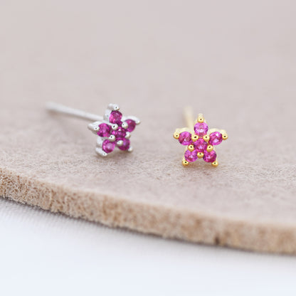 Tiny Ruby Pink CZ Flower Stud Earrings in Sterling Silver, Silver or Gold,  Pink Crystal Flower Earrings, Stacking Earrings