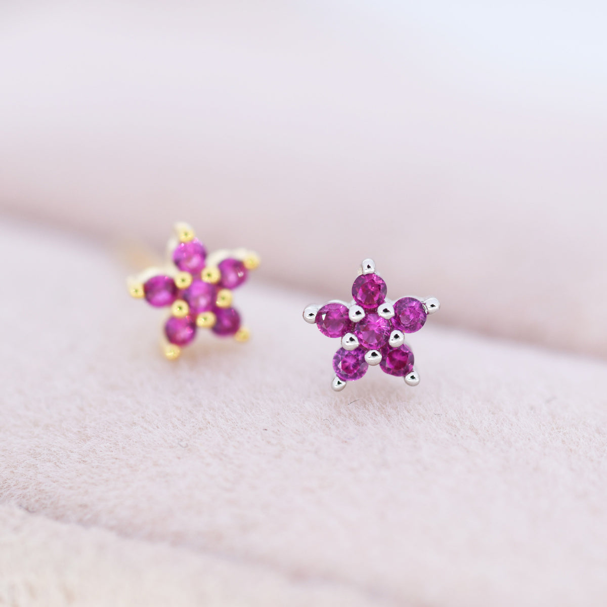 Tiny Ruby Pink CZ Flower Stud Earrings in Sterling Silver, Silver or Gold, Pink Crystal Flower Earrings, Stacking Earrings