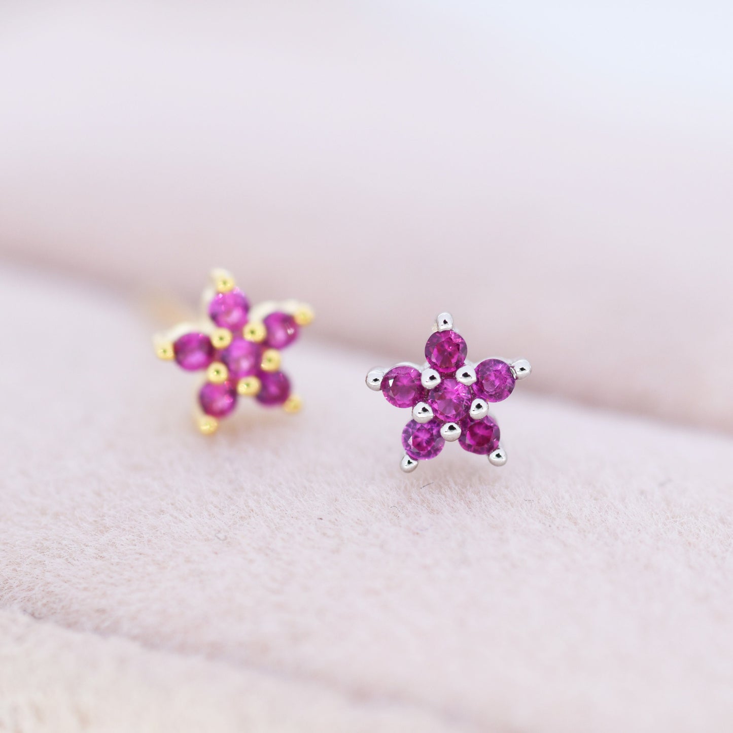 Tiny Ruby Pink CZ Flower Stud Earrings in Sterling Silver, Silver or Gold,  Pink Crystal Flower Earrings, Stacking Earrings