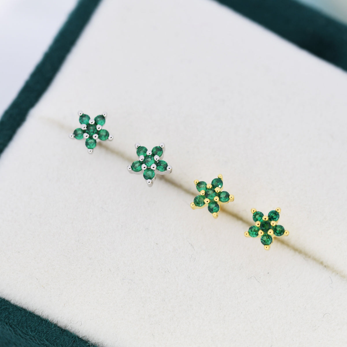 Emerald Green CZ Flower Stud Earrings in Sterling Silver, Silver or Gold, Green Crystal Flower Earrings, Stacking Earrings