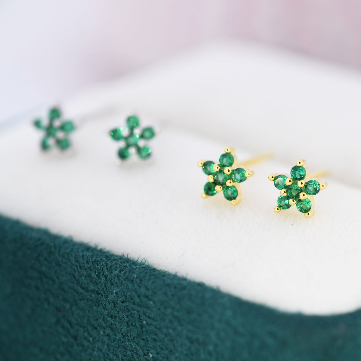 Emerald Green CZ Flower Stud Earrings in Sterling Silver, Silver or Gold, Green Crystal Flower Earrings, Stacking Earrings