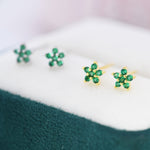 Emerald Green CZ Flower Stud Earrings in Sterling Silver, Silver or Gold, Green Crystal Flower Earrings, Stacking Earrings