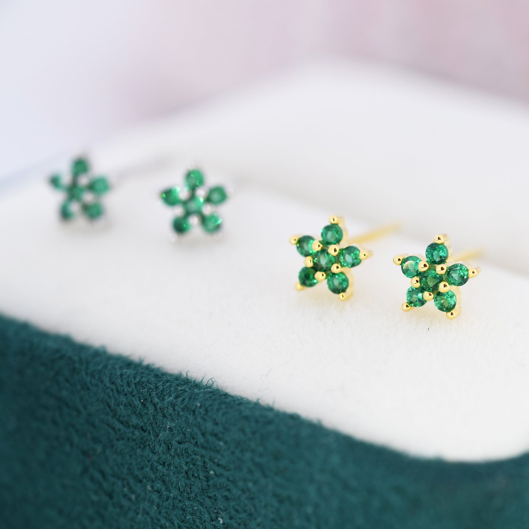 Emerald Green CZ Flower Stud Earrings in Sterling Silver, Silver or Gold, Green Crystal Flower Earrings, Stacking Earrings