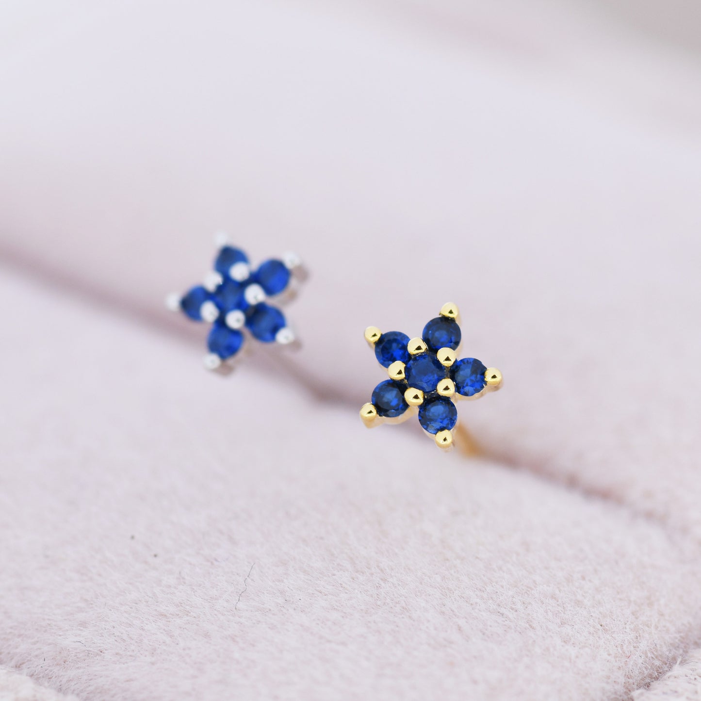 Sapphire Blue CZ Flower Stud Earrings in Sterling Silver, Silver or Gold, Blue Crystal Flower Earrings, Stacking Earrings