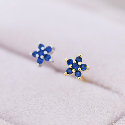 Sapphire Blue CZ Flower Stud Earrings in Sterling Silver, Silver or Gold,  Blue Crystal Flower Earrings, Stacking Earrings