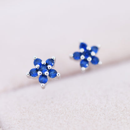 Sapphire Blue CZ Flower Stud Earrings in Sterling Silver, Silver or Gold,  Blue Crystal Flower Earrings, Stacking Earrings