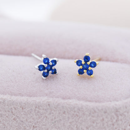 Sapphire Blue CZ Flower Stud Earrings in Sterling Silver, Silver or Gold, Blue Crystal Flower Earrings, Stacking Earrings