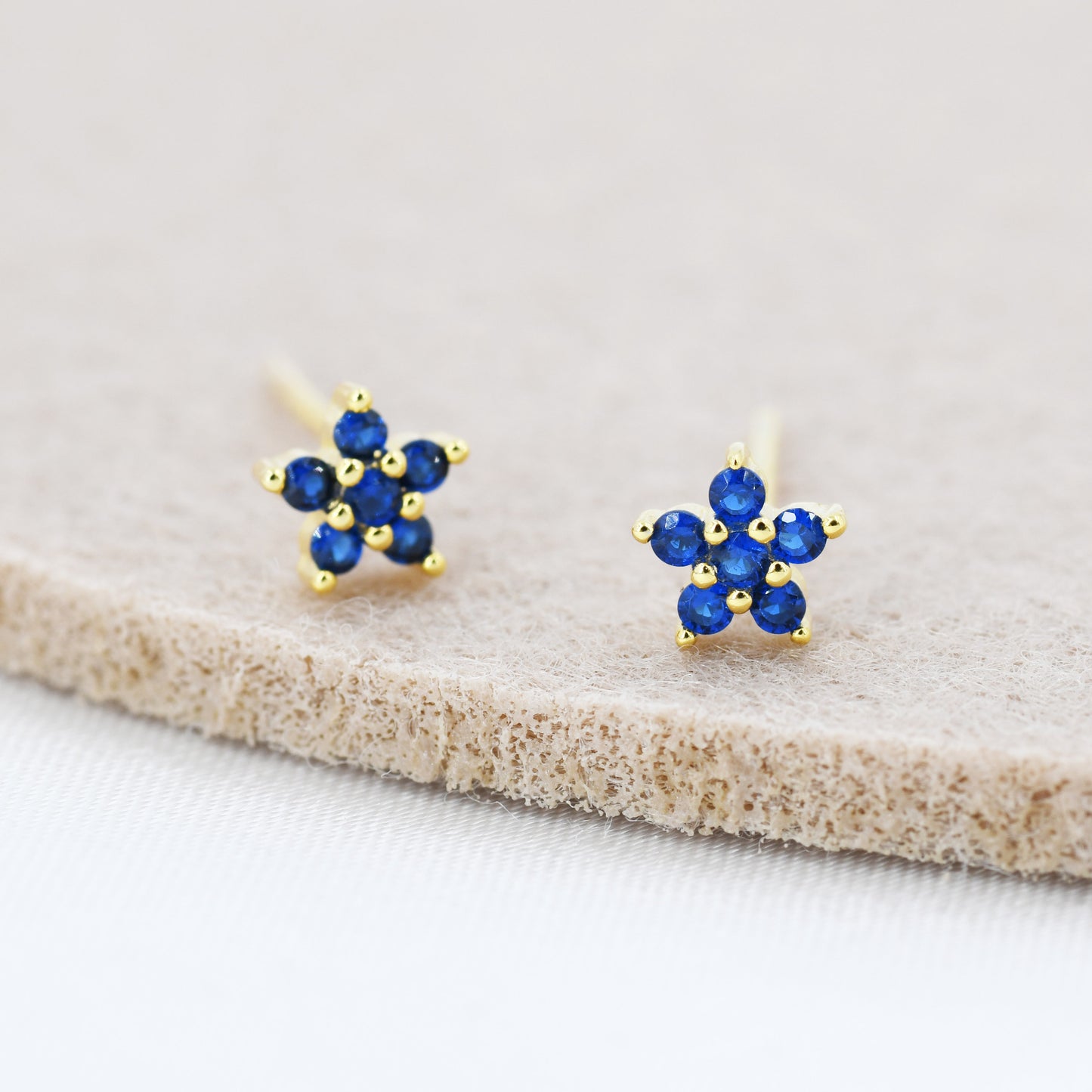 Sapphire Blue CZ Flower Stud Earrings in Sterling Silver, Silver or Gold,  Blue Crystal Flower Earrings, Stacking Earrings