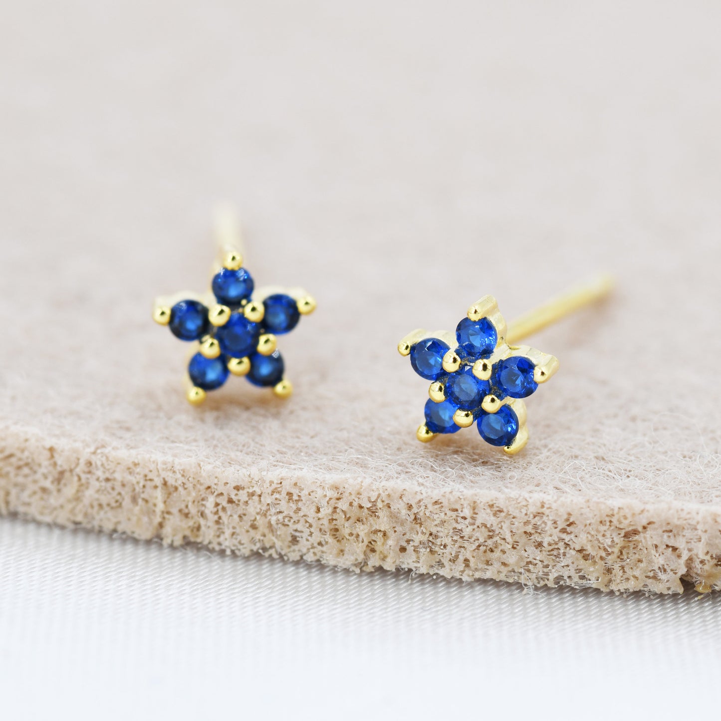 Sapphire Blue CZ Flower Stud Earrings in Sterling Silver, Silver or Gold,  Blue Crystal Flower Earrings, Stacking Earrings